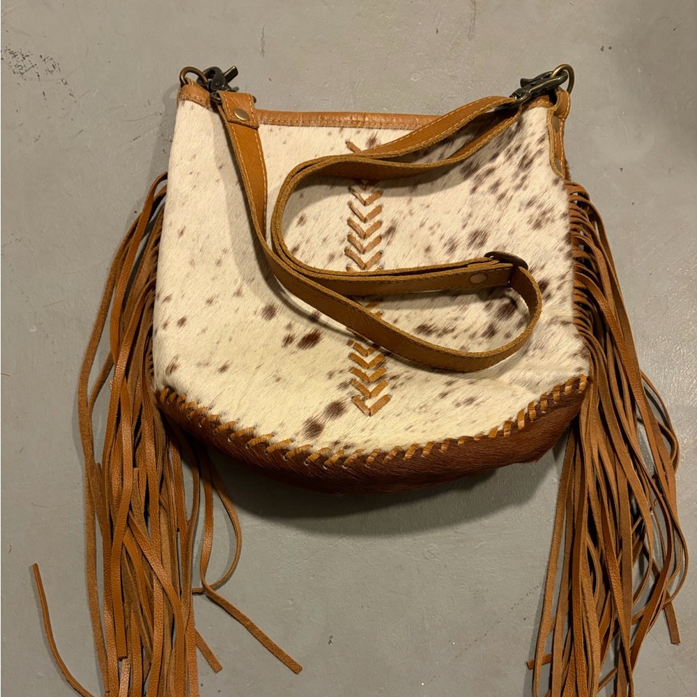 Brown and Cream Fringe Leather Bag